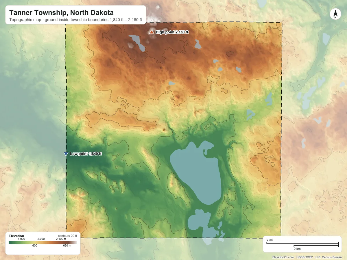 Topographic elevation map of Tanner Township, North Dakota, shaded from 1,840 ft on the west side to 2,180 ft on the north side