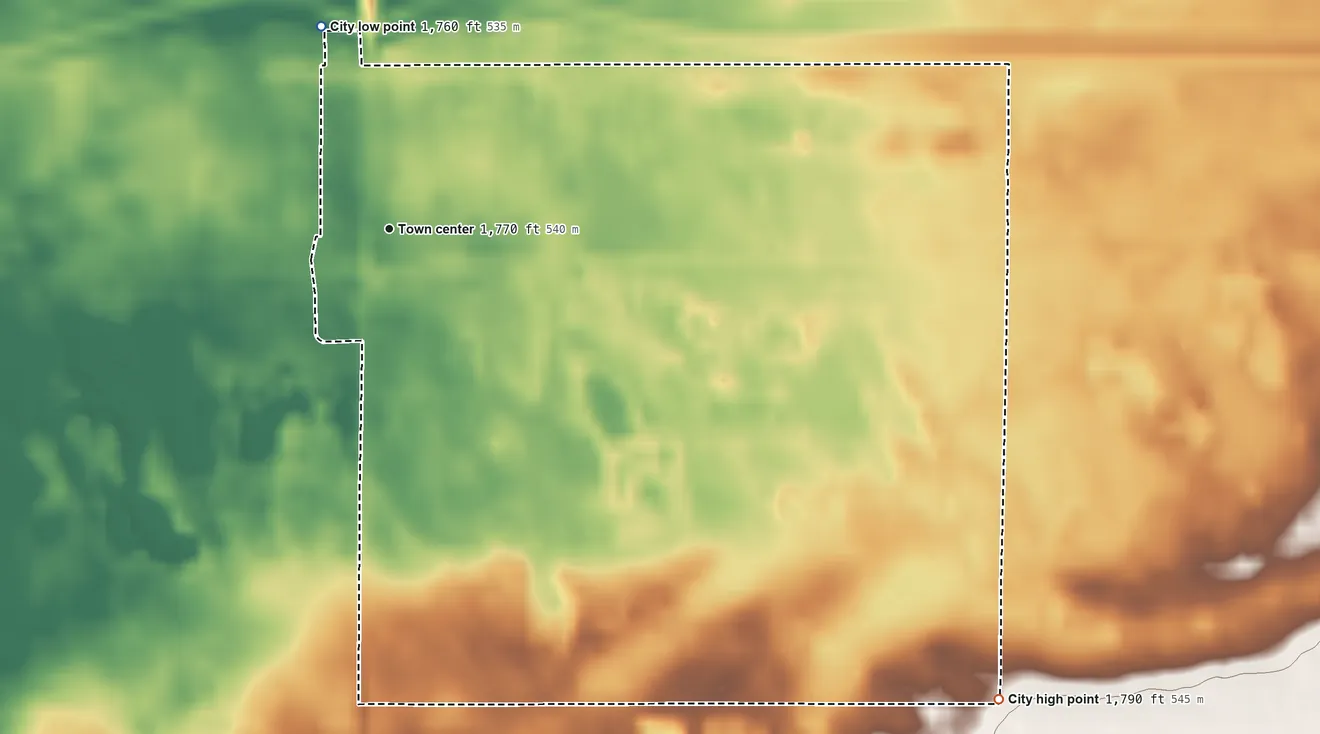 Topographic elevation map of Tappen, North Dakota, shaded from 1,760 ft on the north side to 1,790 ft on the southeast side