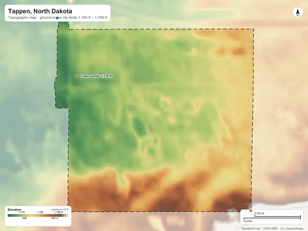 Topographic elevation map of Tappen, North Dakota, shaded from 1,760 ft on the north side to 1,790 ft on the southeast side