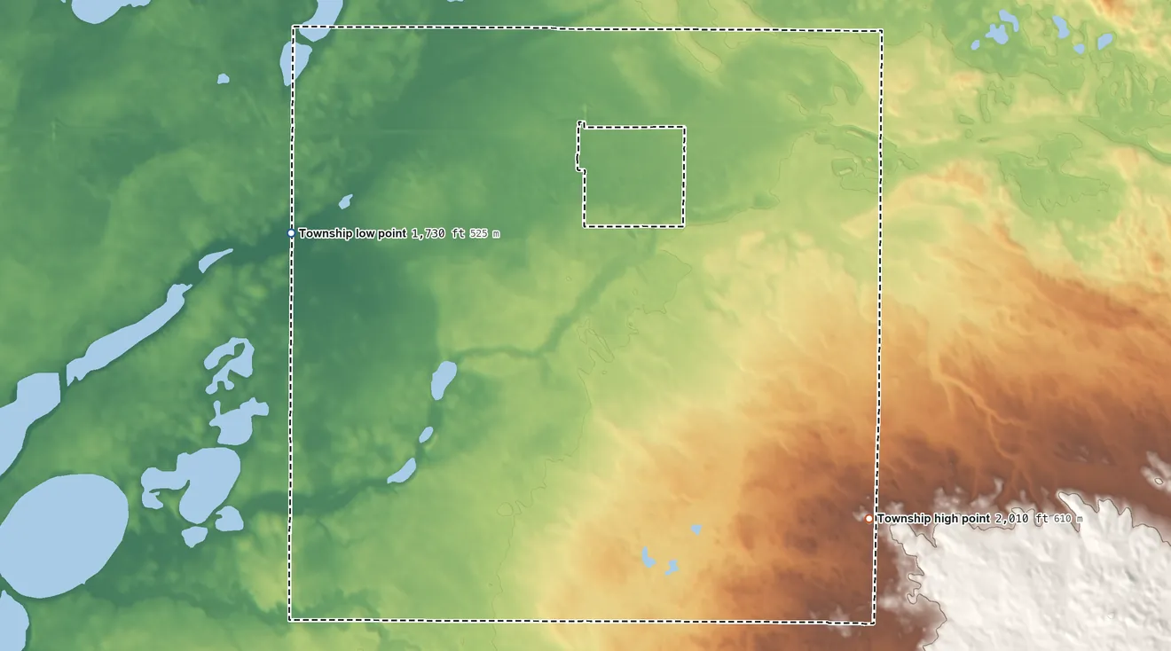 Topographic elevation map of Tappen Township, North Dakota, shaded from 1,730 ft on the west side to 2,010 ft on the southeast side