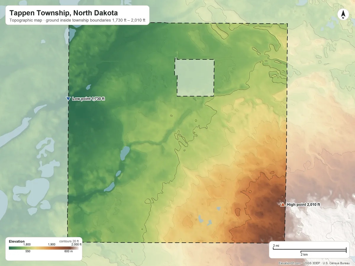 Topographic elevation map of Tappen Township, North Dakota, shaded from 1,730 ft on the west side to 2,010 ft on the southeast side