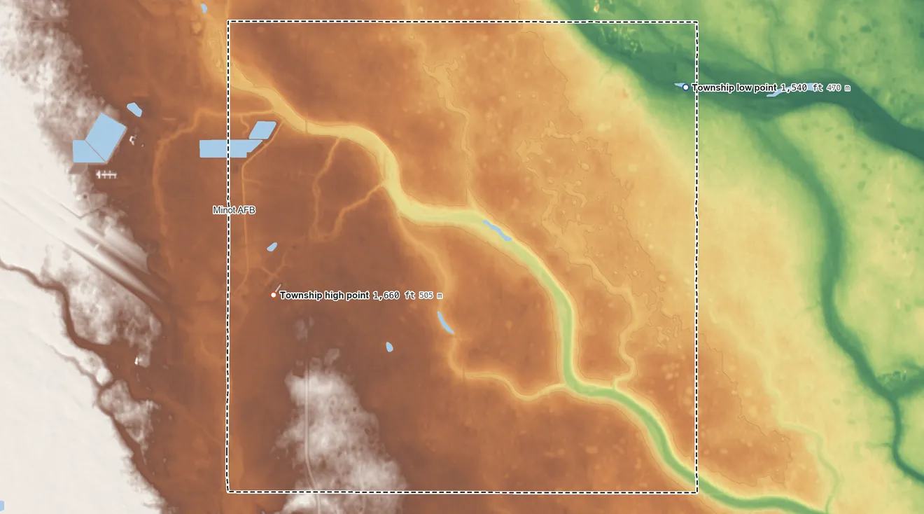 Topographic elevation map of Tatman Township, North Dakota, shaded from 1,540 ft on the east side to 1,660 ft on the south side
