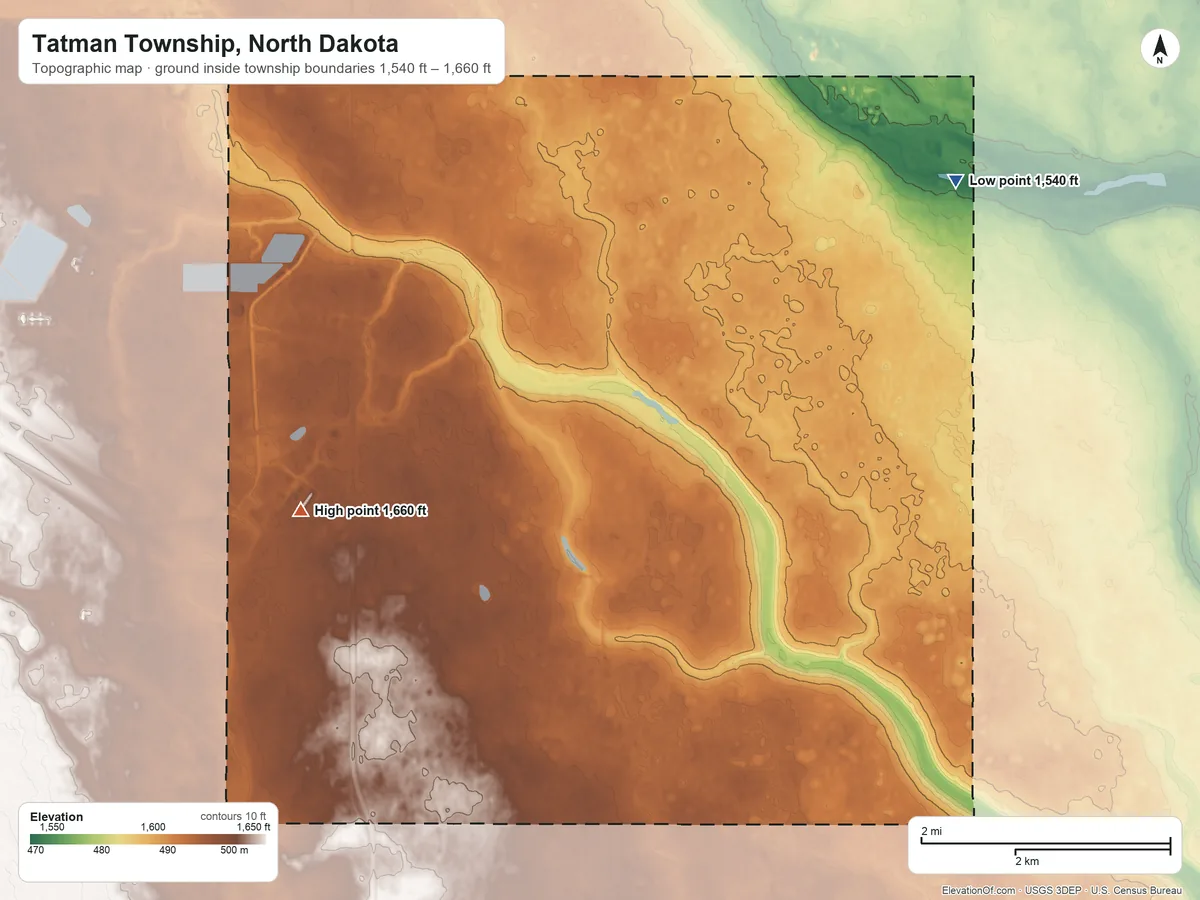 Topographic elevation map of Tatman Township, North Dakota, shaded from 1,540 ft on the east side to 1,660 ft on the south side