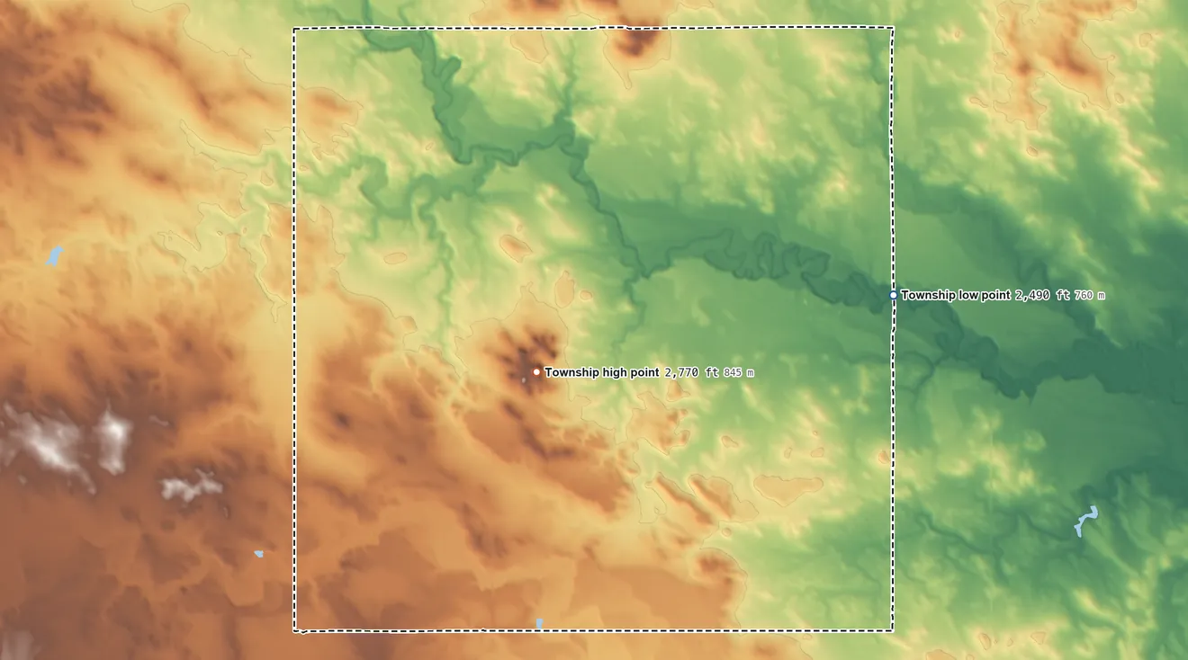 Topographic elevation map of Taylor Butte Township, North Dakota, shaded from 2,490 ft on the east side to 2,770 ft on Taylor Butte