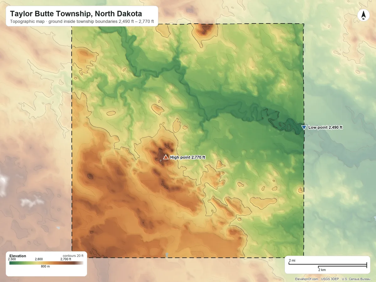 Topographic elevation map of Taylor Butte Township, North Dakota, shaded from 2,490 ft on the east side to 2,770 ft on Taylor Butte