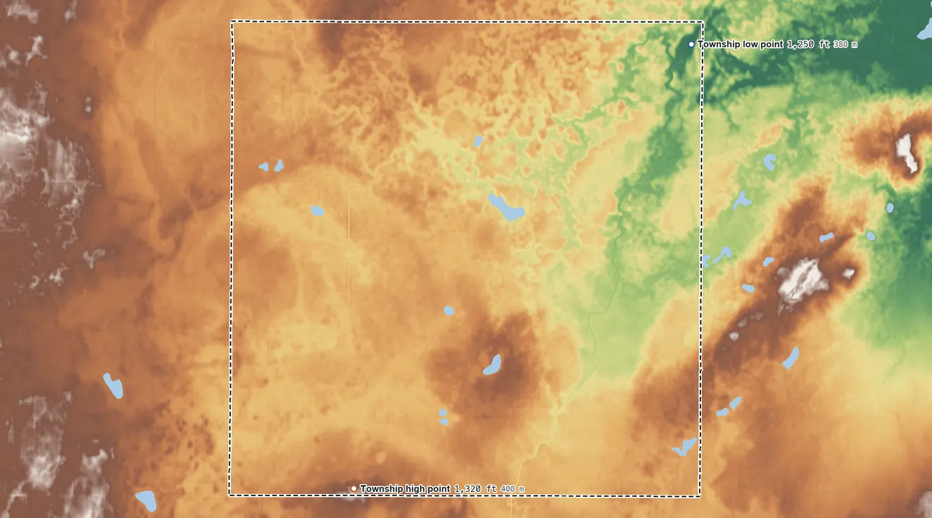 Topographic elevation map of Taylor Township, North Dakota, shaded from 1,250 ft on the northeast side to 1,320 ft on the southwest side