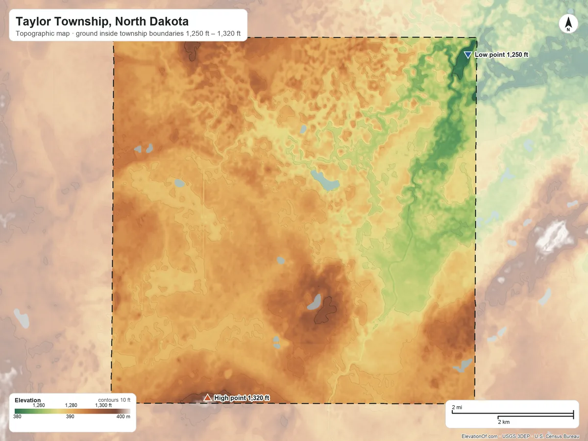 Topographic elevation map of Taylor Township, North Dakota, shaded from 1,250 ft on the northeast side to 1,320 ft on the southwest side