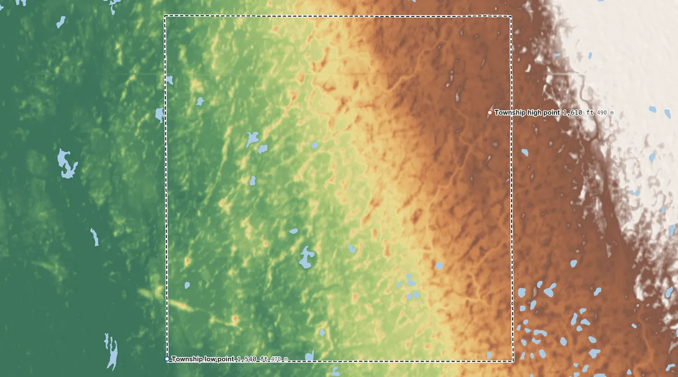 Topographic elevation map of Teddy Township, North Dakota, shaded from 1,540 ft on the southwest side to 1,610 ft on the northeast side