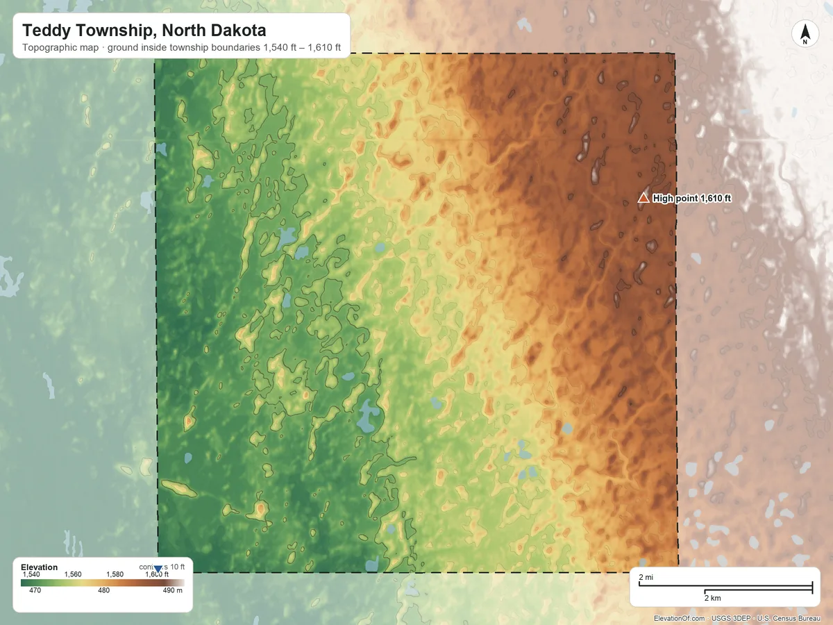 Topographic elevation map of Teddy Township, North Dakota, shaded from 1,540 ft on the southwest side to 1,610 ft on the northeast side