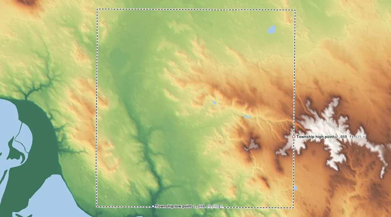 Topographic elevation map of Telfer Township, North Dakota, shaded from 1,640 ft on the south side to 2,080 ft on the east side