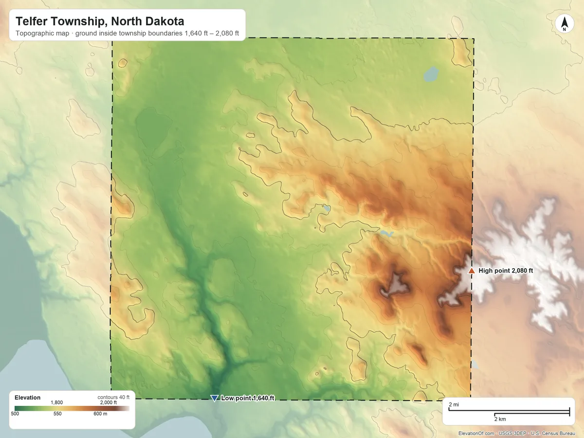 Topographic elevation map of Telfer Township, North Dakota, shaded from 1,640 ft on the south side to 2,080 ft on the east side
