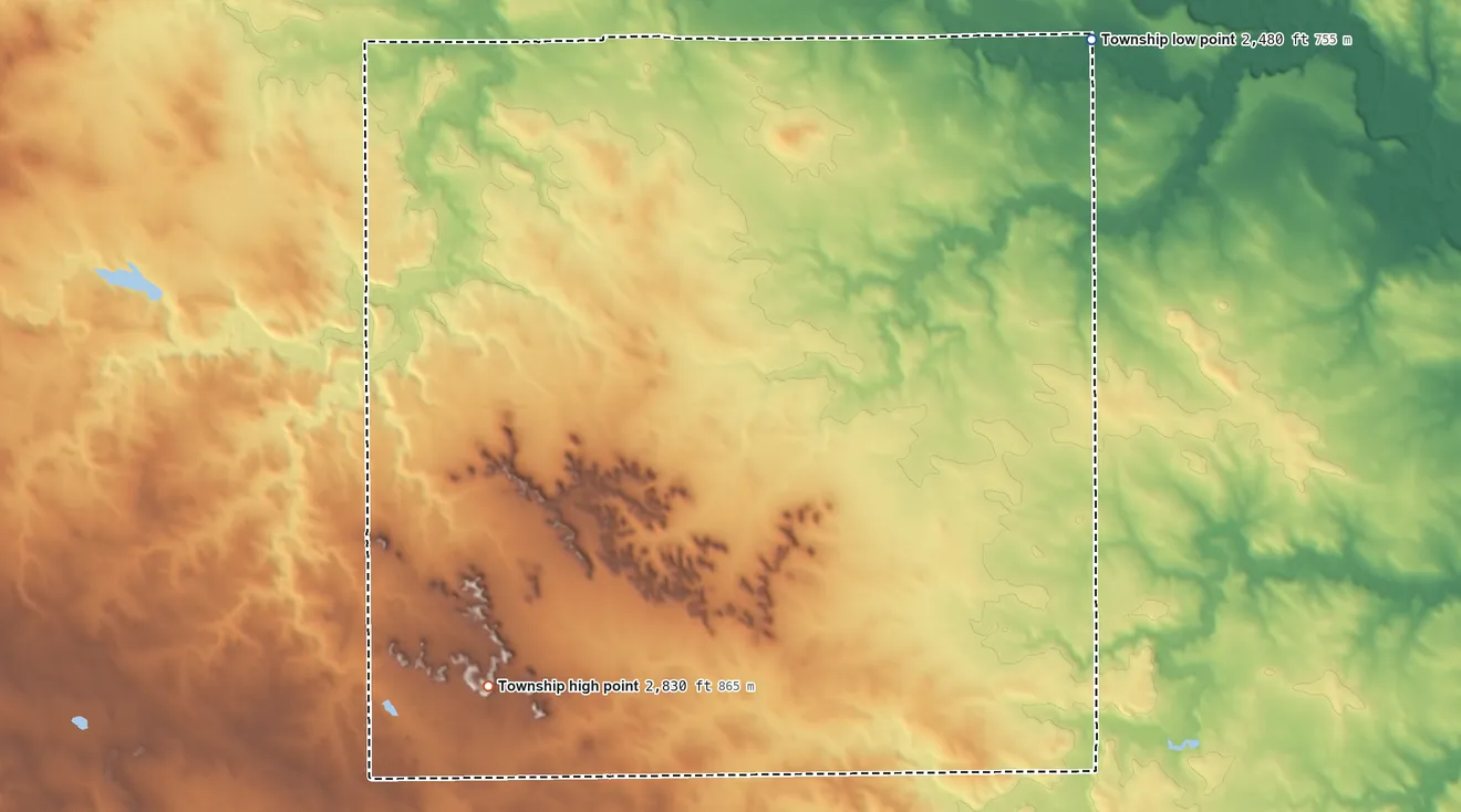 Topographic elevation map of Tepee Butte Township, North Dakota, shaded from 2,480 ft on the northeast side to 2,830 ft on the south side