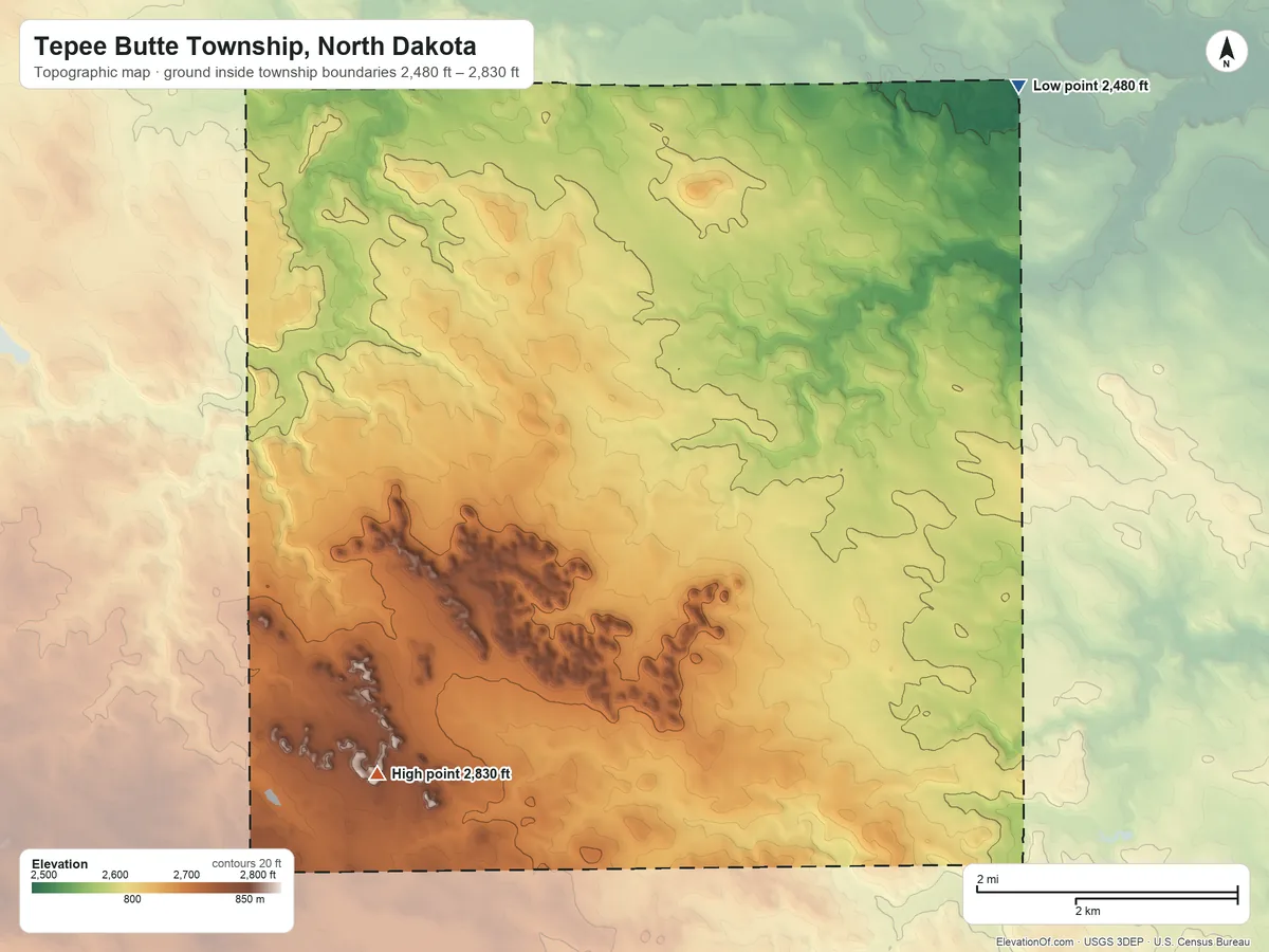 Topographic elevation map of Tepee Butte Township, North Dakota, shaded from 2,480 ft on the northeast side to 2,830 ft on the south side