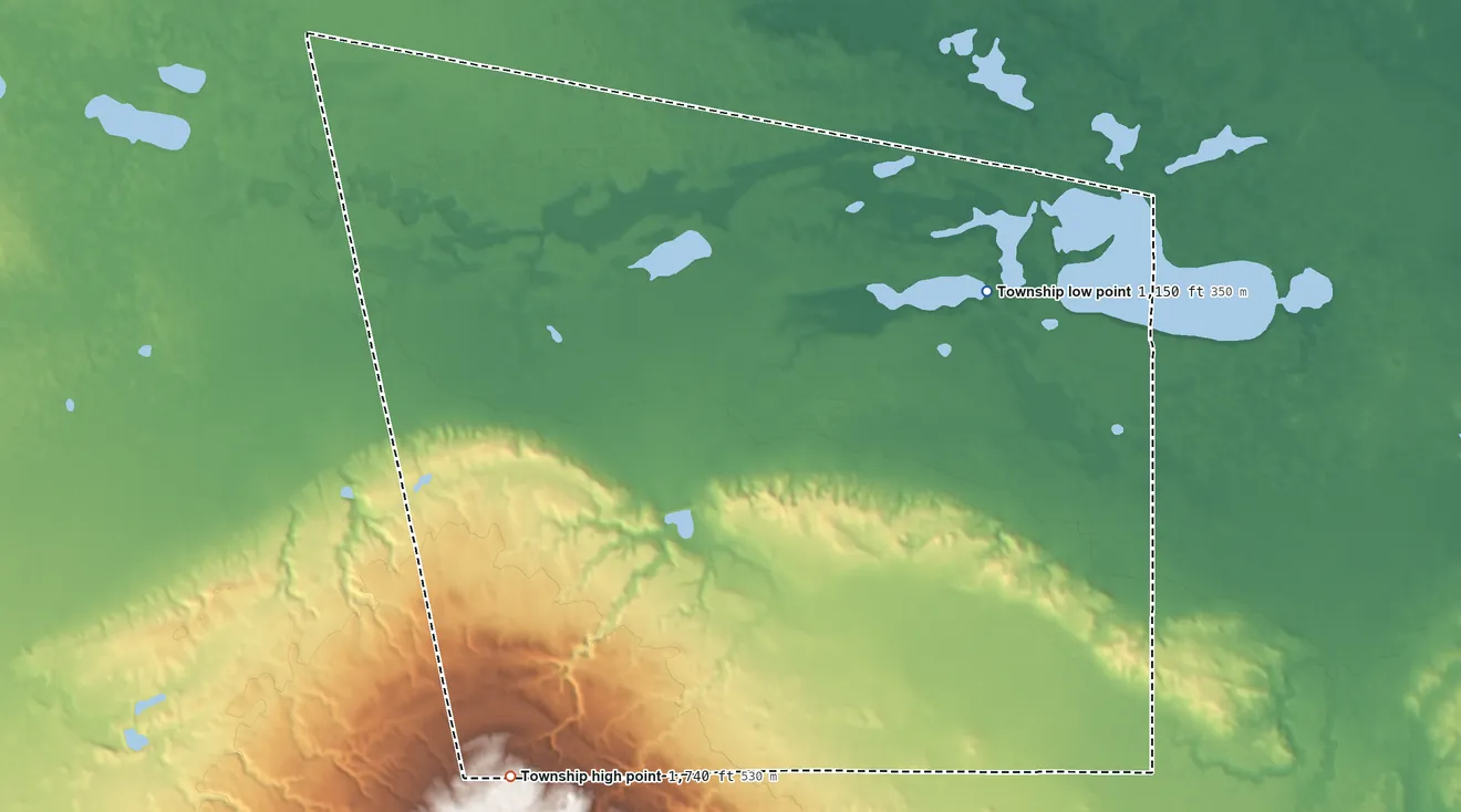 Topographic elevation map of Tewaukon Township, North Dakota, shaded from 1,150 ft on the east side to 1,740 ft on the southwest side