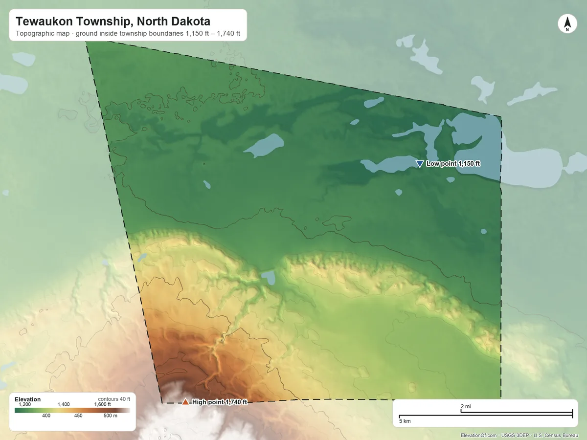 Topographic elevation map of Tewaukon Township, North Dakota, shaded from 1,150 ft on the east side to 1,740 ft on the southwest side