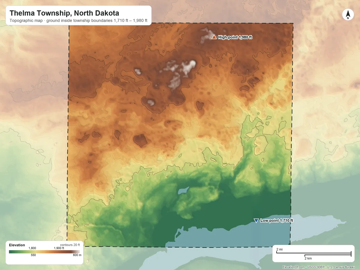Topographic elevation map of Thelma Township, North Dakota, shaded from 1,710 ft on the southeast side to 1,980 ft on the northeast side