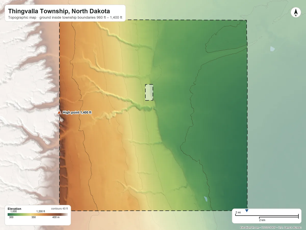 Topographic elevation map of Thingvalla Township, North Dakota, shaded from 960 ft on the southeast side to 1,400 ft on the west side