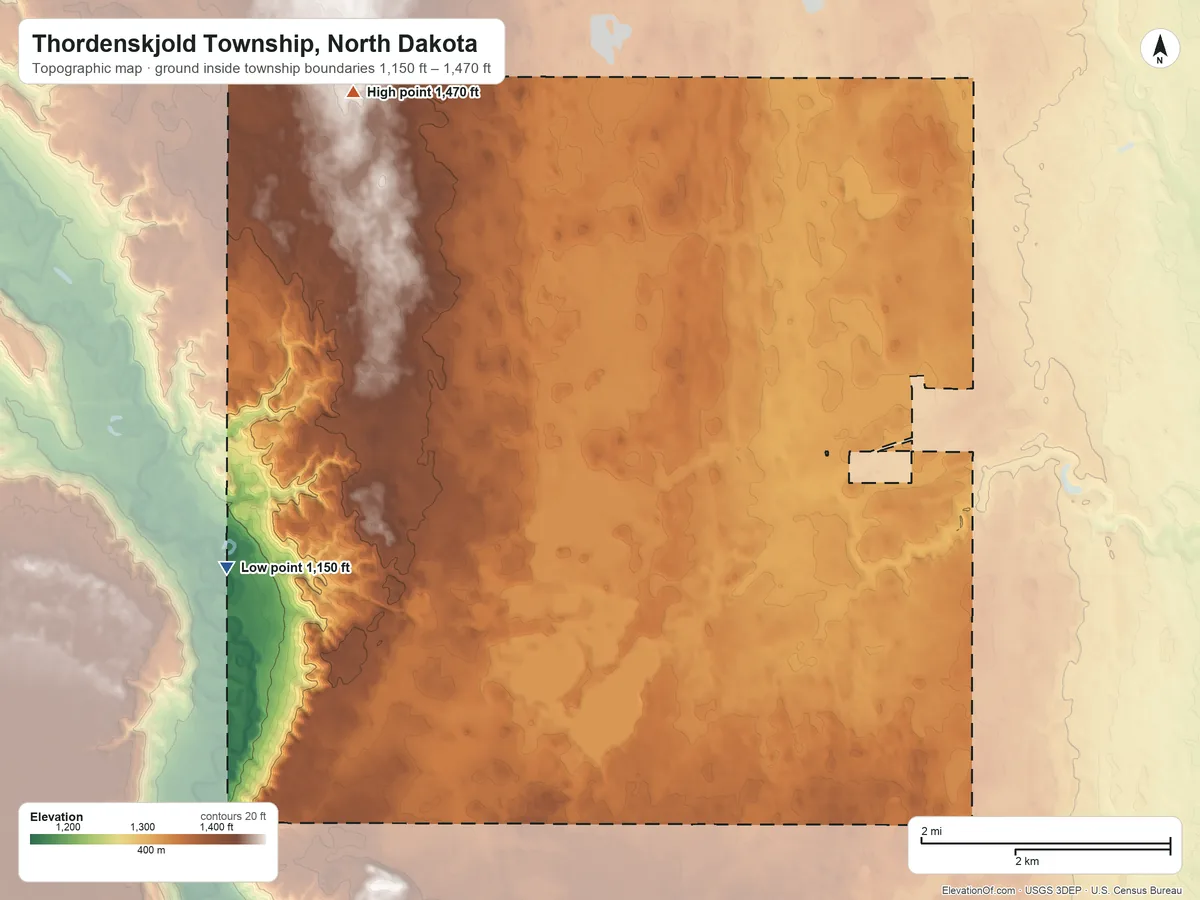 Topographic elevation map of Thordenskjold Township, North Dakota, shaded from 1,150 ft on the west side to 1,470 ft on the northwest side