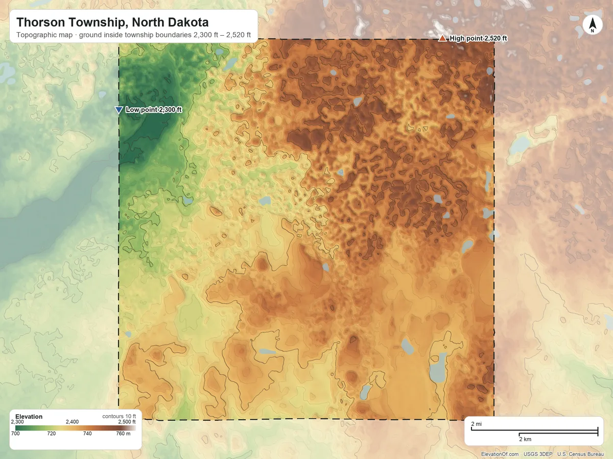 Topographic elevation map of Thorson Township, North Dakota, shaded from 2,300 ft on the northwest side to 2,520 ft on the northeast side