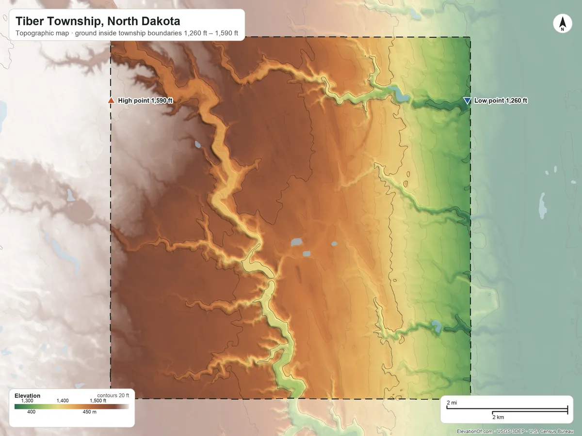 Topographic elevation map of Tiber Township, North Dakota, shaded from 1,260 ft on the northeast side to 1,590 ft on the northwest side