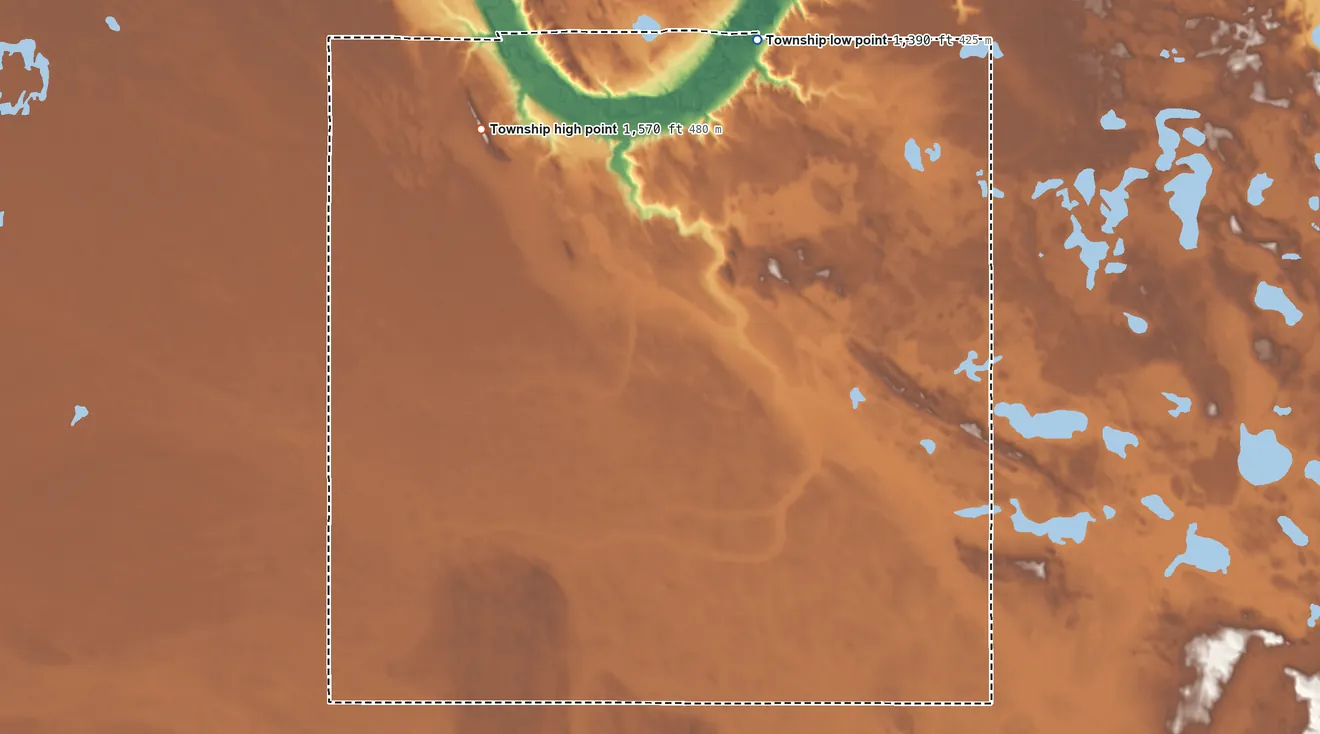 Topographic elevation map of Tiffany Township, North Dakota, shaded from 1,390 ft on the north side to 1,570 ft on the northwest side