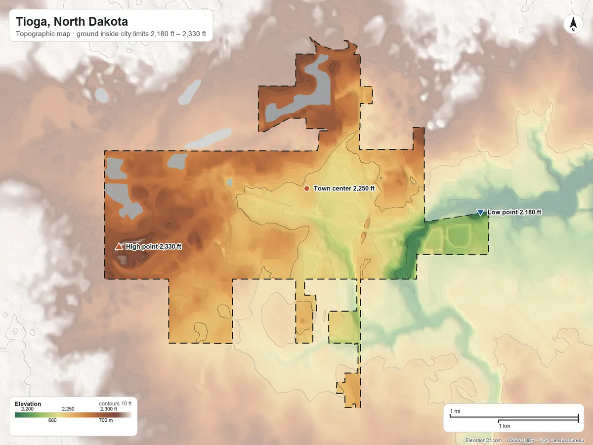 Topographic elevation map of Tioga, North Dakota, shaded from 2,180 ft on the east side to 2,330 ft on the west side