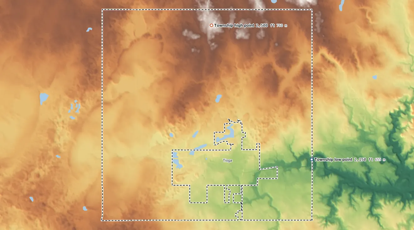 Topographic elevation map of Tioga Township, North Dakota, shaded from 2,150 ft on the east side to 2,500 ft on the north side