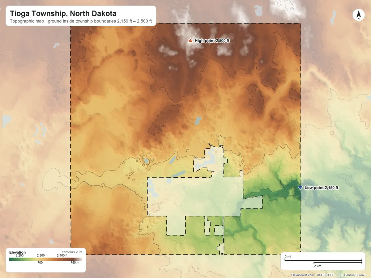 Topographic elevation map of Tioga Township, North Dakota, shaded from 2,150 ft on the east side to 2,500 ft on the north side