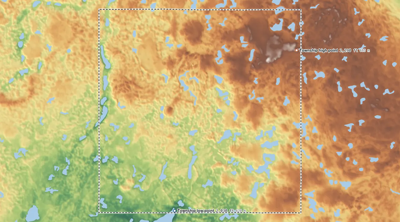 Topographic elevation map of Tolgen Township, North Dakota, shaded from 2,030 ft on the south side to 2,290 ft on the east side
