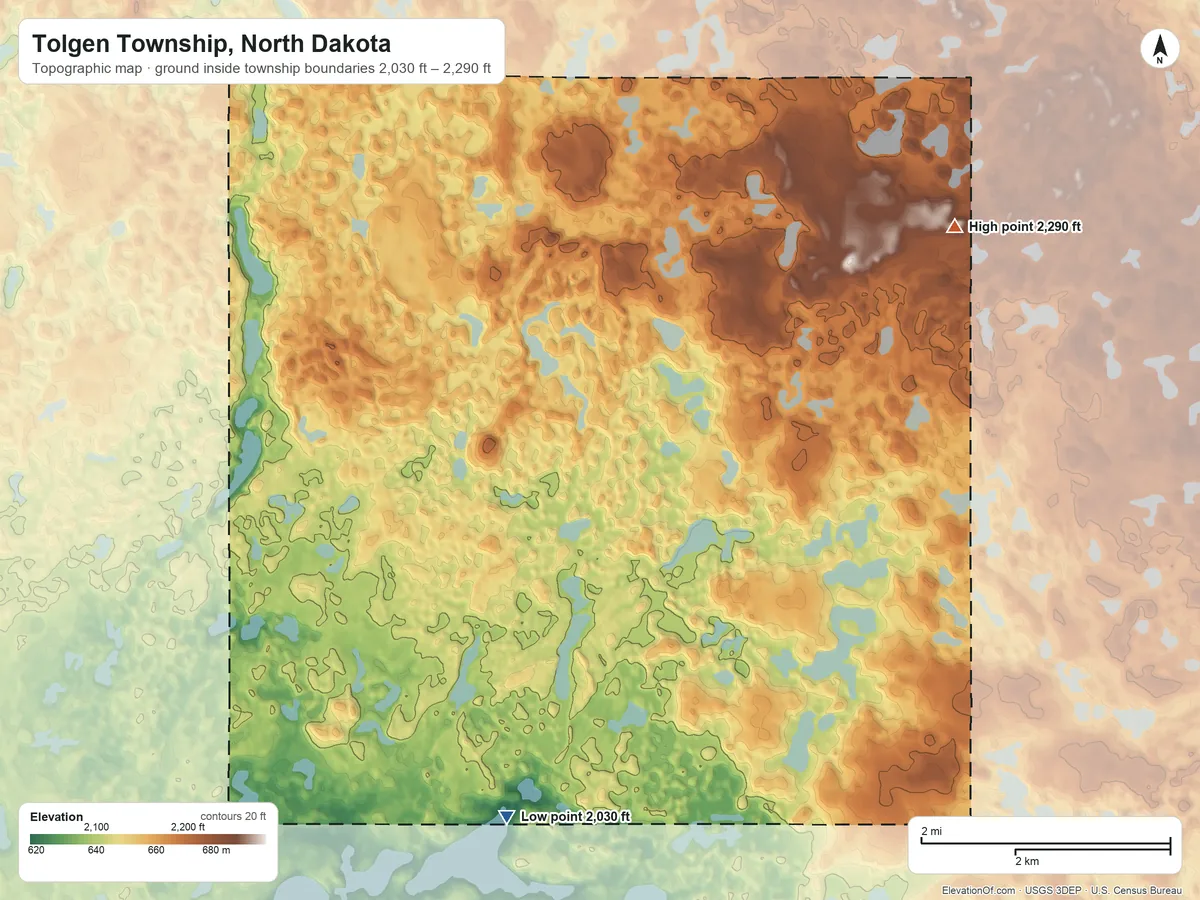 Topographic elevation map of Tolgen Township, North Dakota, shaded from 2,030 ft on the south side to 2,290 ft on the east side