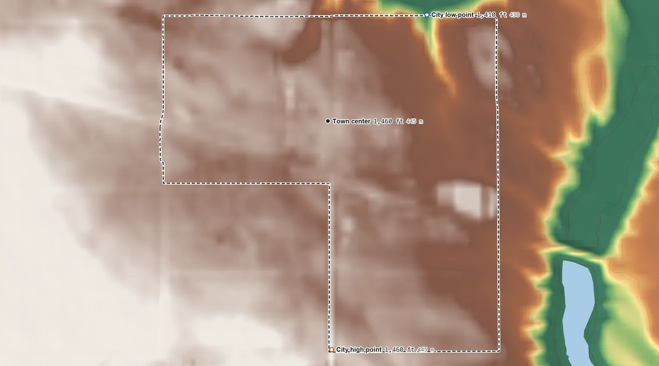 Topographic elevation map of Tolna, North Dakota, shaded from 1,410 ft on the northeast side to 1,460 ft on the south side