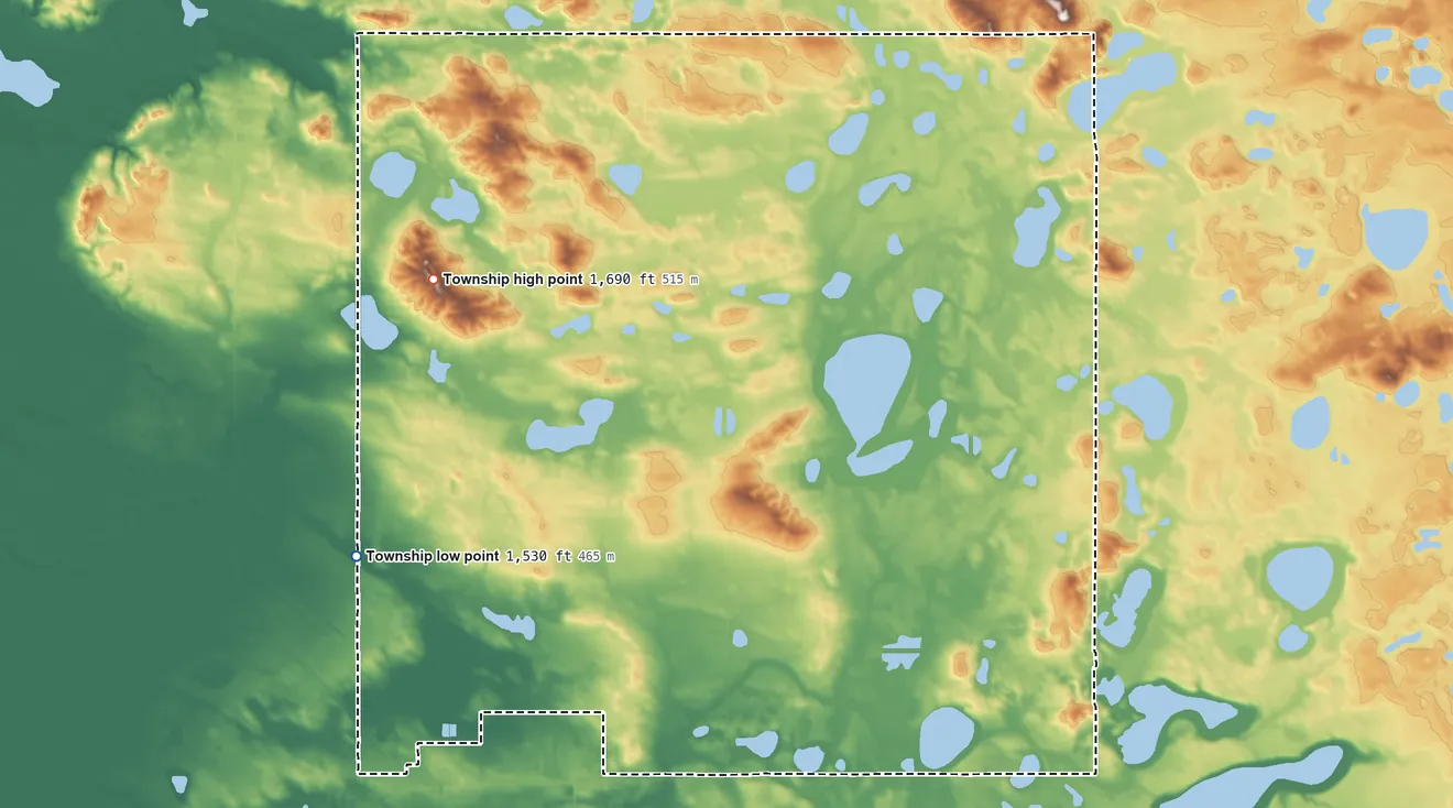 Topographic elevation map of Torgerson Township, North Dakota, shaded from 1,530 ft on the west side to 1,690 ft on the northwest side