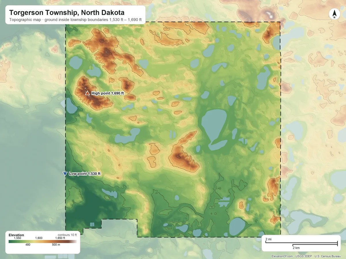 Topographic elevation map of Torgerson Township, North Dakota, shaded from 1,530 ft on the west side to 1,690 ft on the northwest side