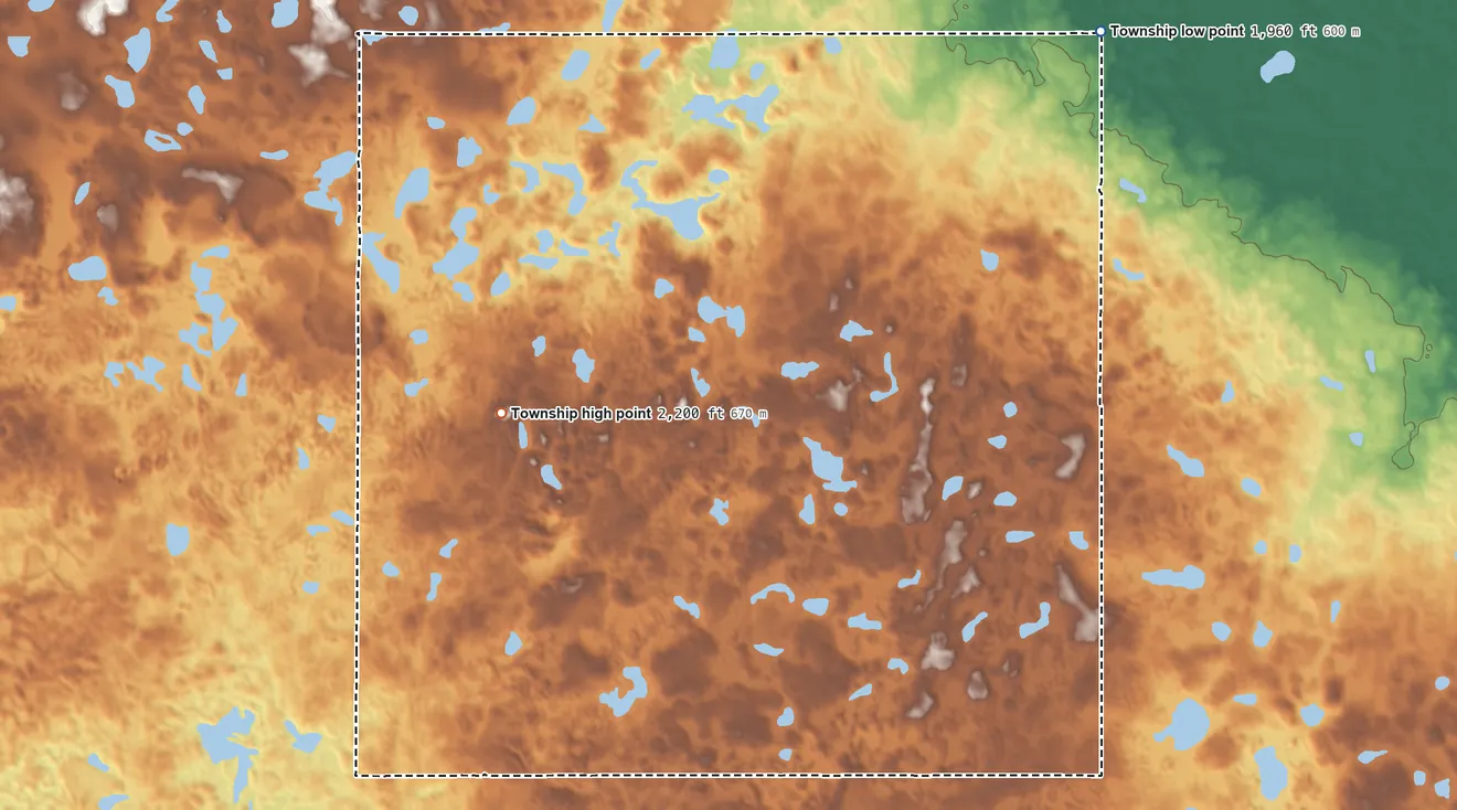 Topographic elevation map of Torning Township, North Dakota, shaded from 1,960 ft on the northeast side to 2,200 ft on the west side