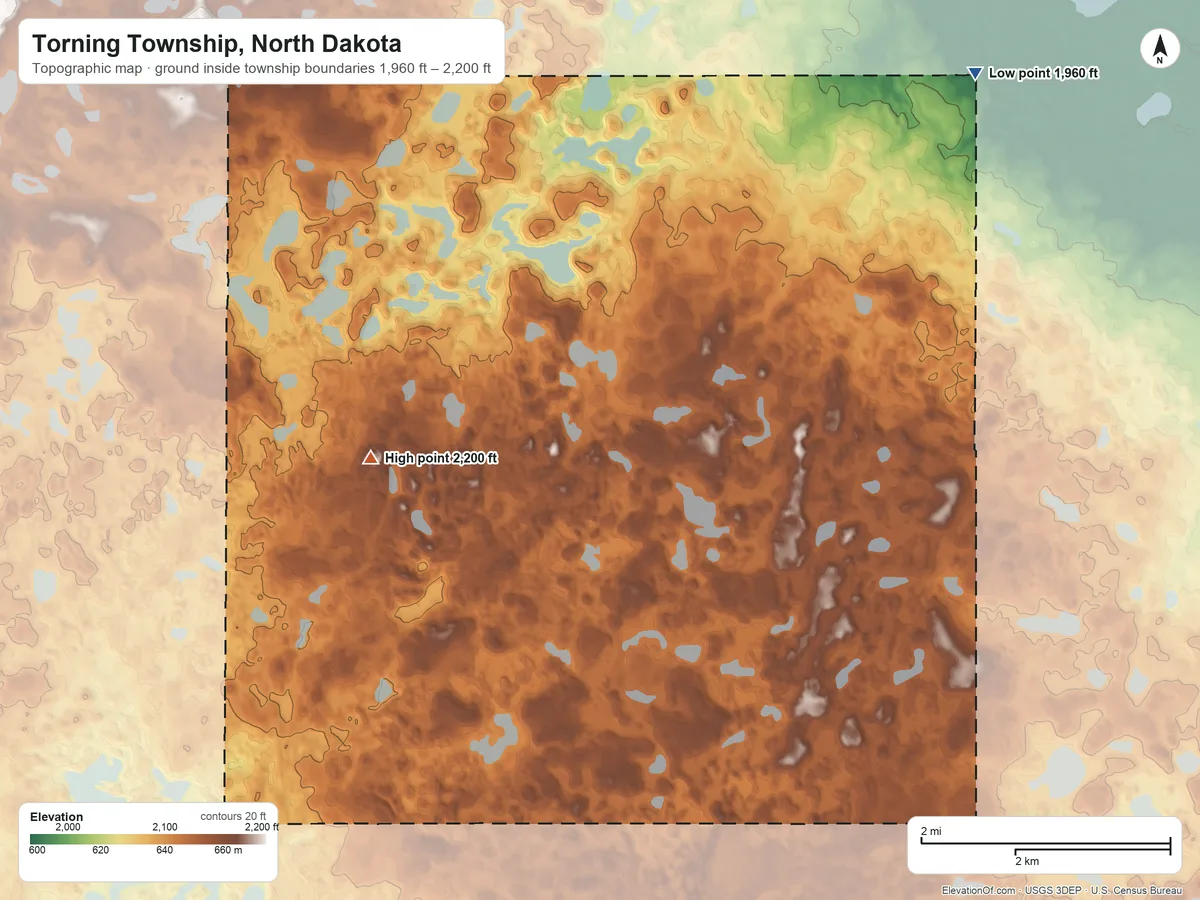 Topographic elevation map of Torning Township, North Dakota, shaded from 1,960 ft on the northeast side to 2,200 ft on the west side