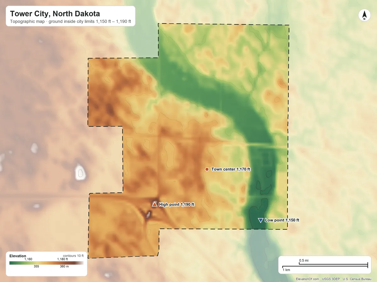 Topographic elevation map of Tower City, North Dakota, shaded from 1,150 ft on the southeast side to 1,190 ft on the southwest side