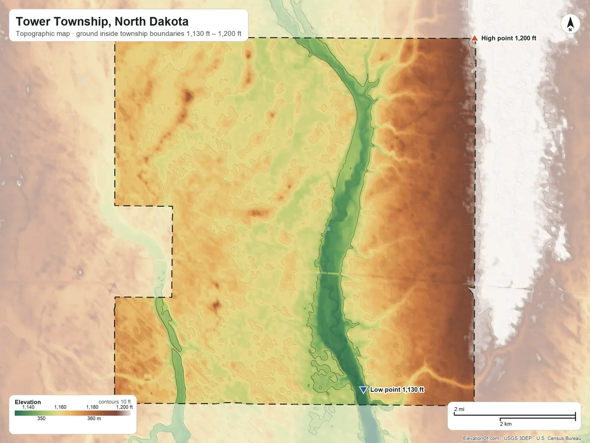 Topographic elevation map of Tower Township, North Dakota, shaded from 1,130 ft on the southeast side to 1,200 ft on the northeast side