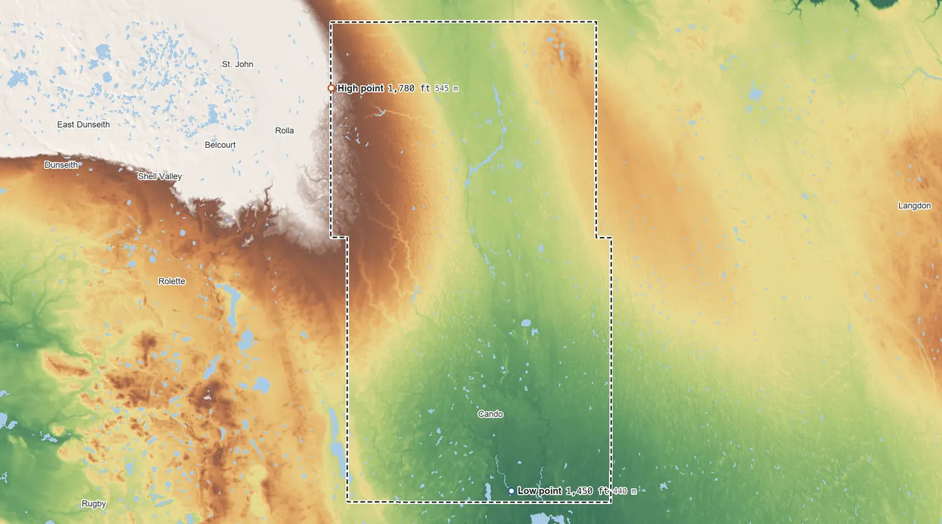 Topographic elevation map of Towner County, North Dakota, shaded from 1,450 ft on the south side to 1,780 ft on the northwest side