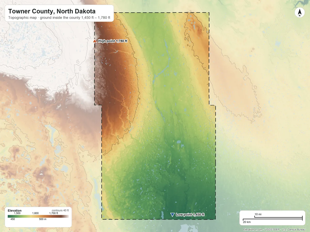 Topographic elevation map of Towner County, North Dakota, shaded from 1,450 ft on the south side to 1,780 ft on the northwest side