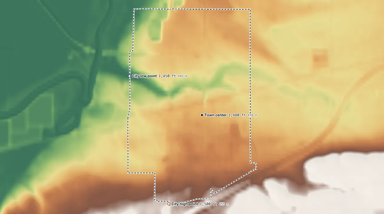 Topographic elevation map of Towner, North Dakota, shaded from 1,450 ft on the northwest side to 1,500 ft on the south side