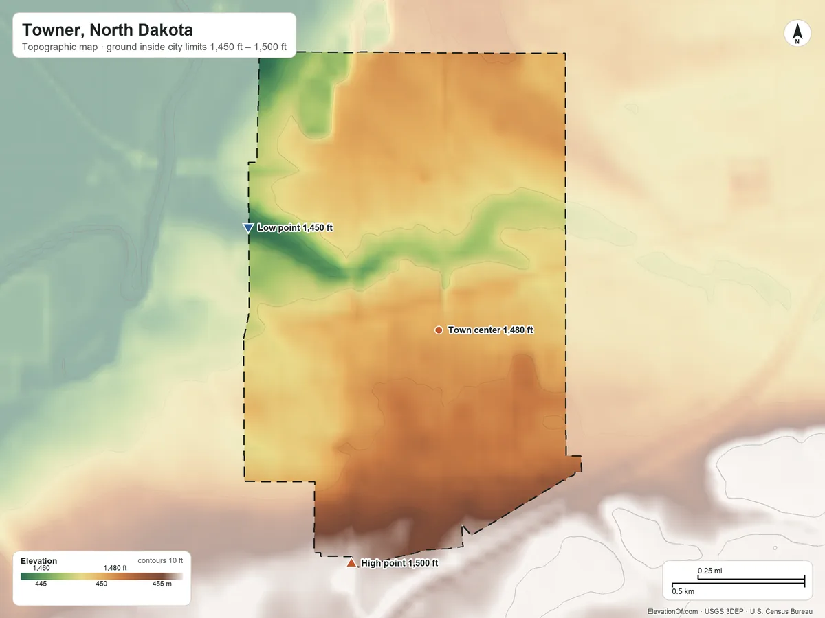 Topographic elevation map of Towner, North Dakota, shaded from 1,450 ft on the northwest side to 1,500 ft on the south side