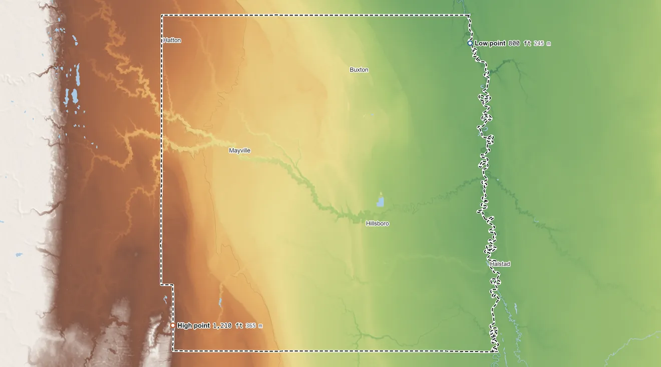 Topographic elevation map of Traill County, North Dakota, shaded from 800 ft on the northeast side to 1,210 ft on the southwest side