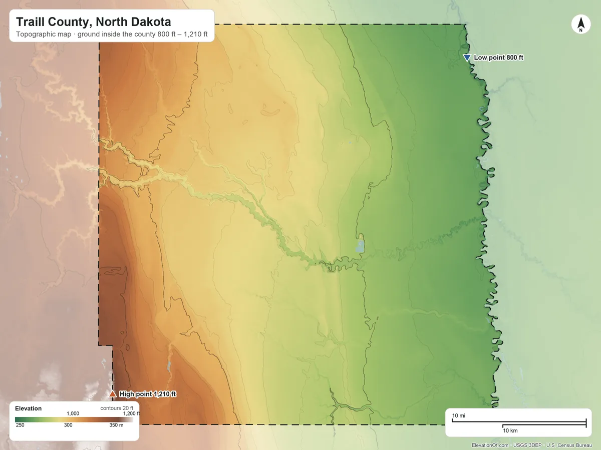 Topographic elevation map of Traill County, North Dakota, shaded from 800 ft on the northeast side to 1,210 ft on the southwest side