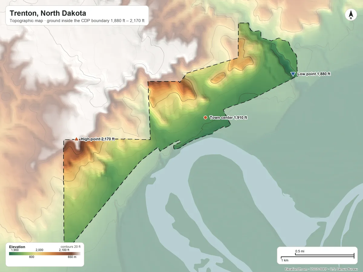 Topographic elevation map of Trenton, North Dakota, shaded from 1,880 ft on the northeast side to 2,170 ft on the west side
