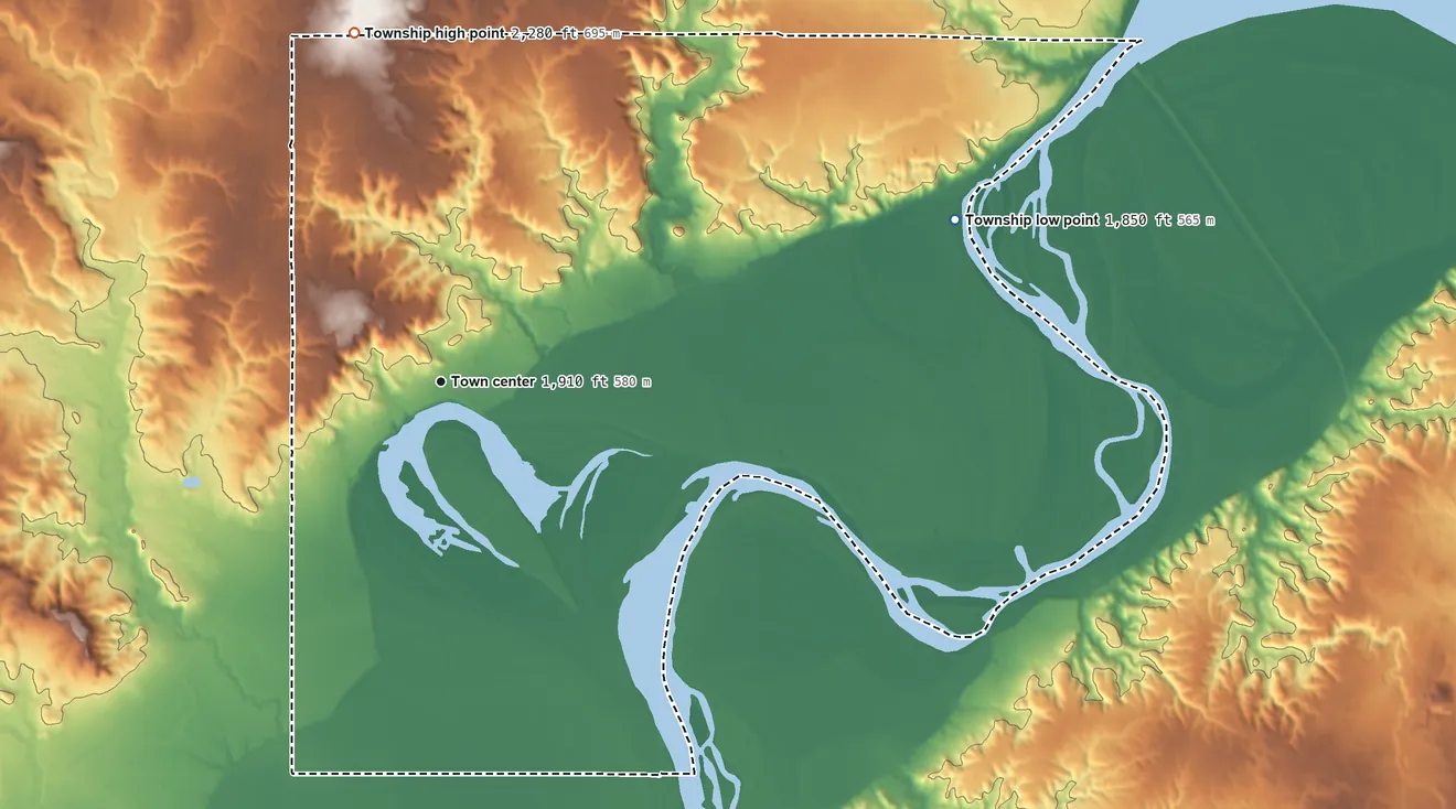 Topographic elevation map of Trenton Township, North Dakota, shaded from 1,850 ft on the east side to 2,280 ft on the north side