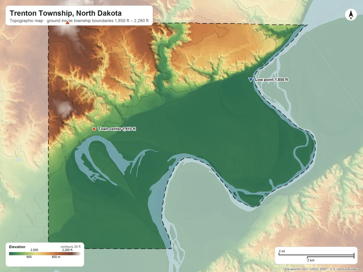 Topographic elevation map of Trenton Township, North Dakota, shaded from 1,850 ft on the east side to 2,280 ft on the north side