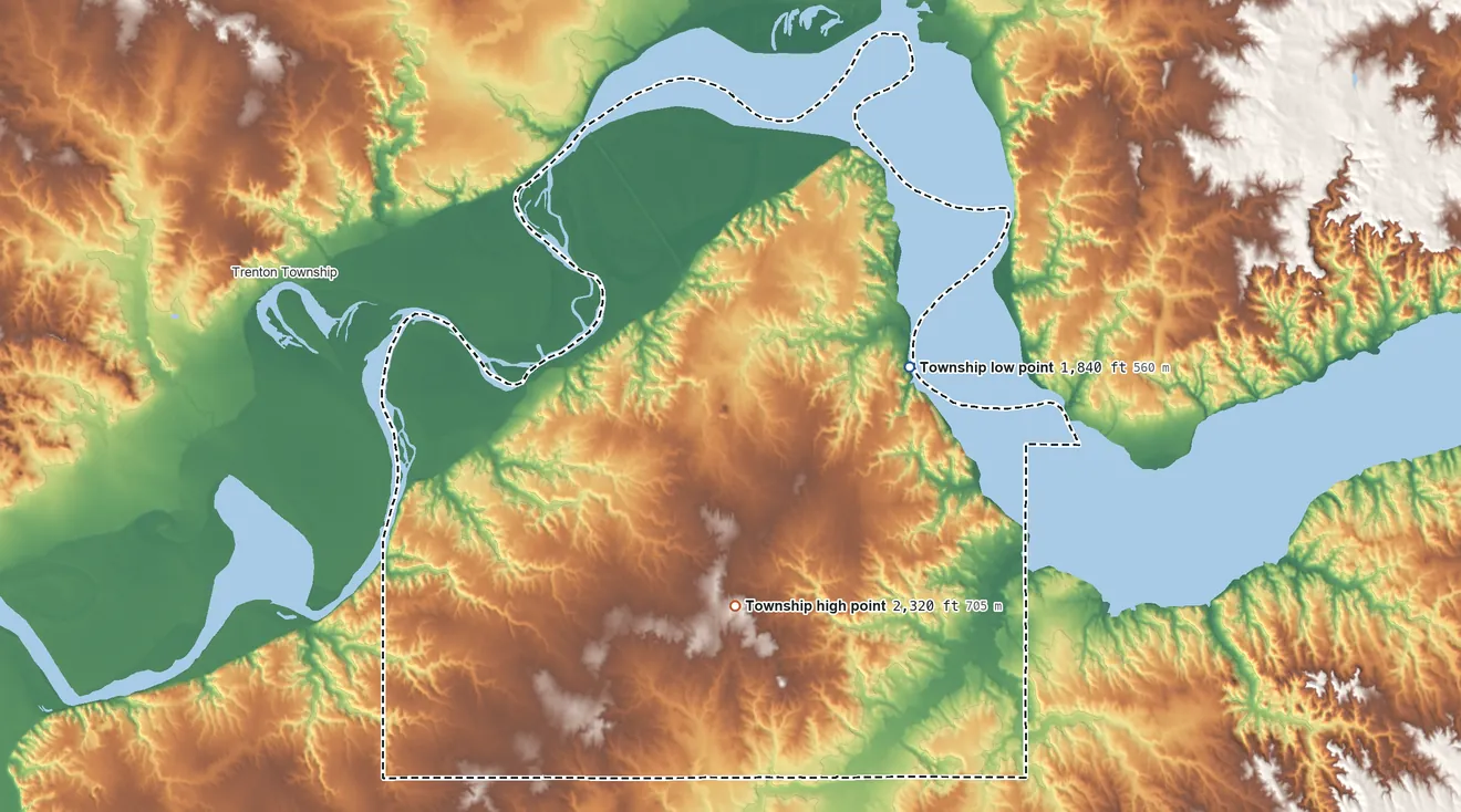 Topographic elevation map of Tri Township, North Dakota, shaded from 1,840 ft on the northeast side to 2,320 ft on the south side