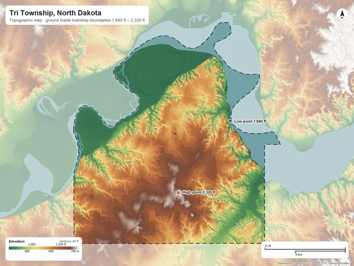 Topographic elevation map of Tri Township, North Dakota, shaded from 1,840 ft on the northeast side to 2,320 ft on the south side