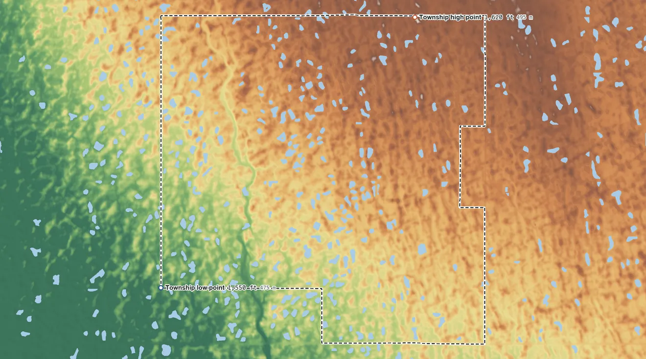 Topographic elevation map of Trier Township, North Dakota, shaded from 1,550 ft on the southwest side to 1,620 ft on the northeast side