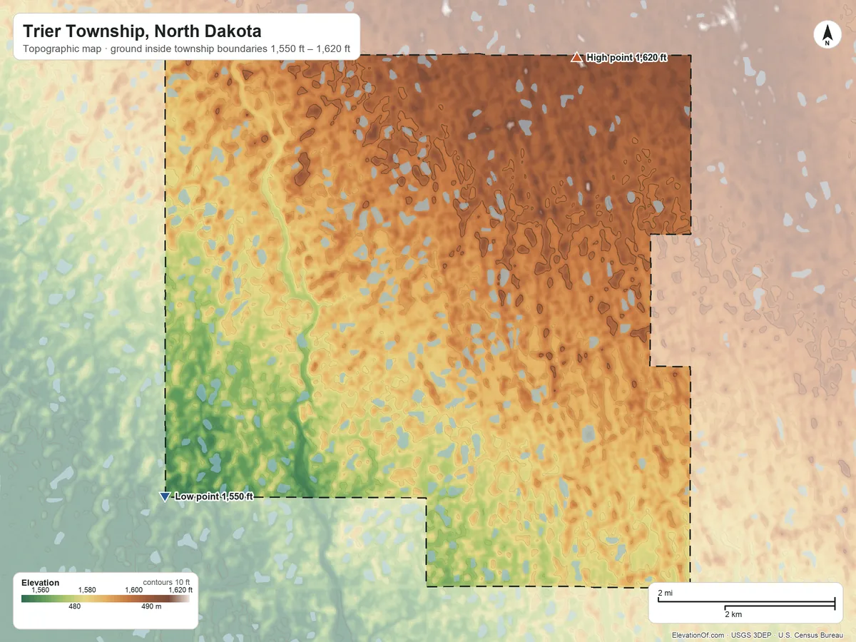 Topographic elevation map of Trier Township, North Dakota, shaded from 1,550 ft on the southwest side to 1,620 ft on the northeast side